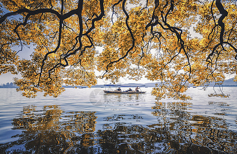 西湖泛舟自由女神游船高清图片