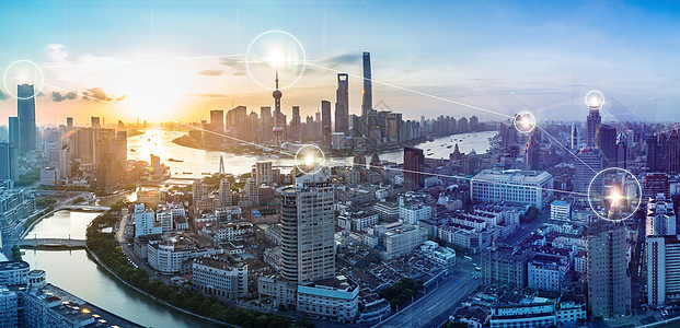 城市科技上海黄浦江外滩陆家嘴日出全景背景图片