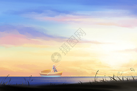 海边的美丽景色太阳与渔夫设计图片