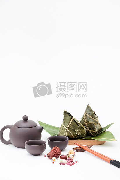 端午粽子茶壶静物白色桌面摄影图片