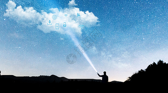 智能云科技时代手电筒照出云朵的男人背景图片