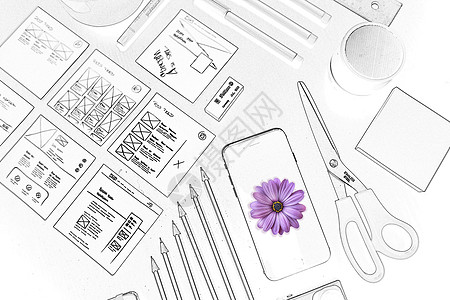 手绘咖啡素描画手机上生出的花朵设计图片
