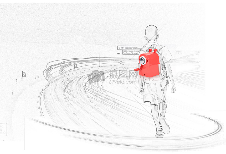 素描画在公路上的背包同学