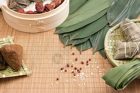端午节竹垫上食品背景背景图片
