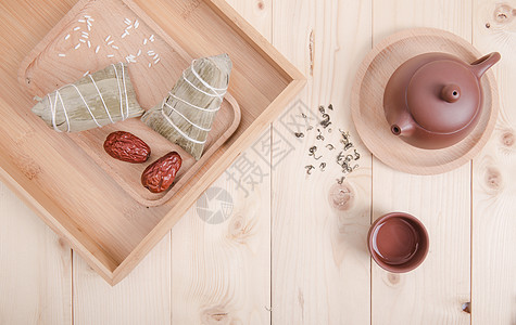 清新文艺端午茶艺与粽子桌面背景