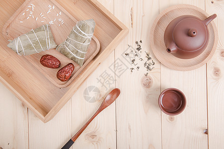 传统底纹清新文艺端午茶艺与粽子桌面背景