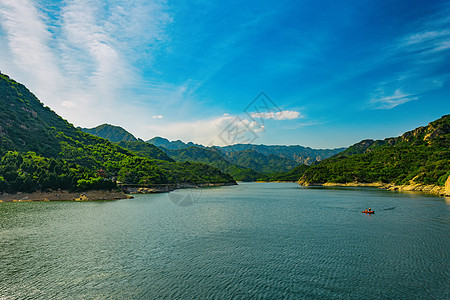 蓝天白云下的山谷间的湖面和小船图片