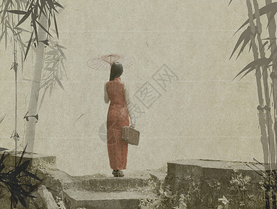 竹林小道上打扇穿旗袍的美女图片