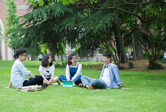 男女大学生们坐草地上聊天休息图片