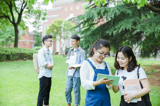 青春的大学生们在草地上讨论图片