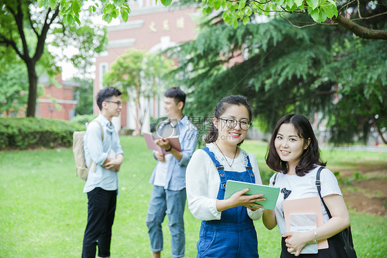 青春的大学生们在草地上讨论图片