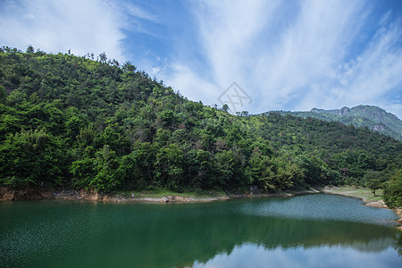 绿树大气水库山脉蓝天白云风景背景