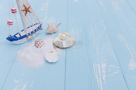 夏日沙滩珍珠海星帆船素材图片