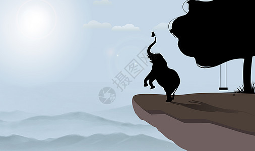 猫手绘手绘-悬崖边嬉戏的小象背景