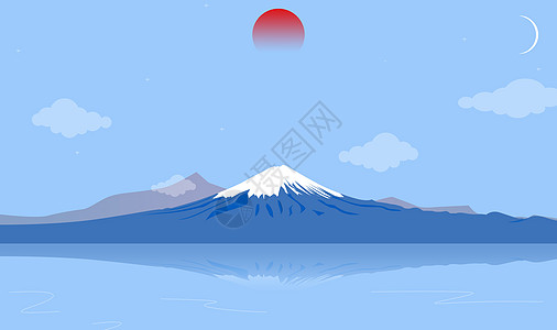 日本雪手绘-雪山 日月同辉插画