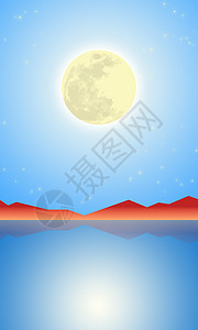 太阳初升手绘-月亮初升的静谧夜空插画