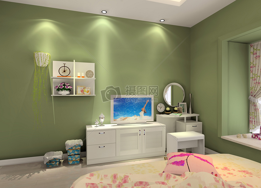 绿色墙体的卧室效果图图片