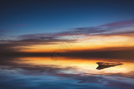 油画孔雀小船海边日落背景