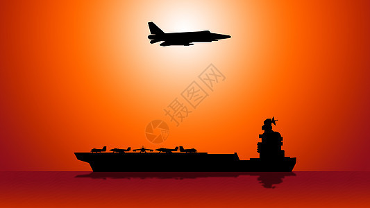 剪影-海面上的船与空中的飞机背景图片