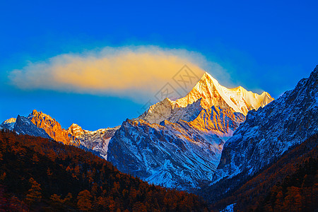 中国美景夏诺多吉雪山的日照金山和飘动的云背景