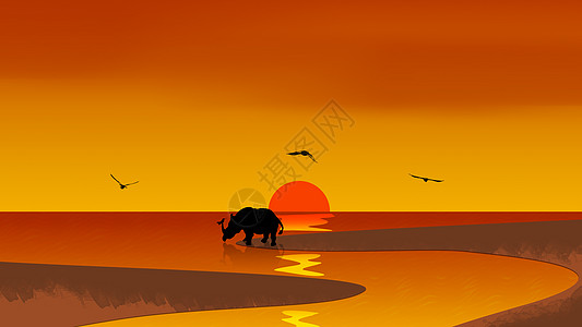 风景桌面手绘-夕阳下喝水的犀牛背景