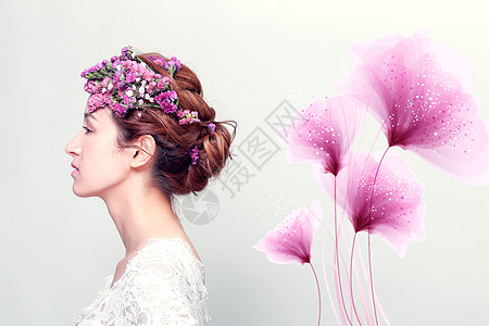 时尚女人花紫色头发高清图片