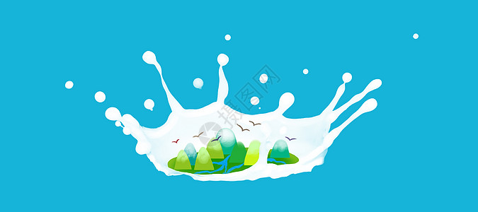 奶花牛奶与山水创意图片插画