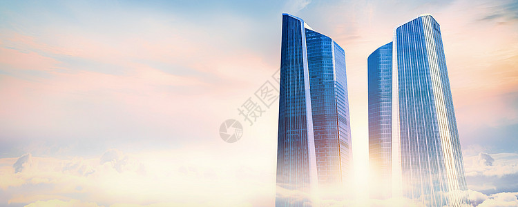 天空城市的高楼大厦云雾中的商务大厦设计图片