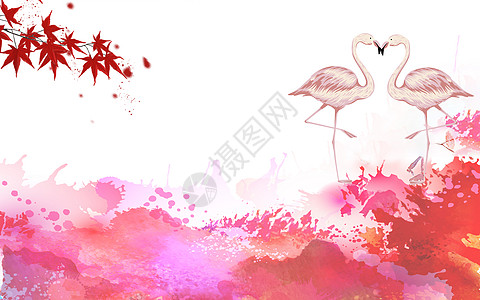 红色底图红色火烈鸟水彩背景设计图片