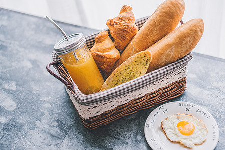 清新面包西餐早餐面包橙汁水果背景