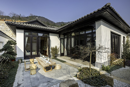 中式古典室内度假别墅庭院背景