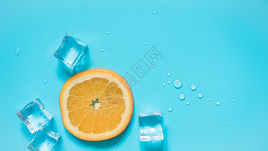 蓝色水晶夏日清新蓝色背景水果橙子背景
