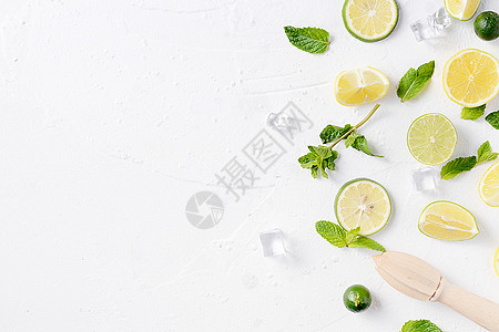 夏日白底冰块薄荷柠檬清爽素材背景图片