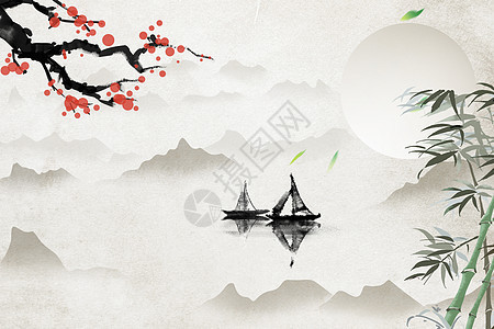 中国风江面梅花与船景色背景图片