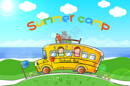 公交车女孩暑假夏令营校车学生出游设计图片