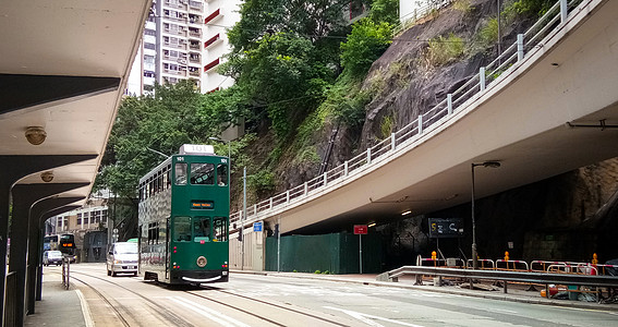 香港标志香港城市街景公交车叮叮车老电车背景