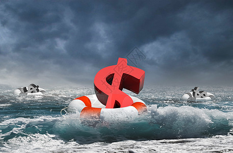 打破困境波涛汹涌的大海里的救生圈和货币设计图片