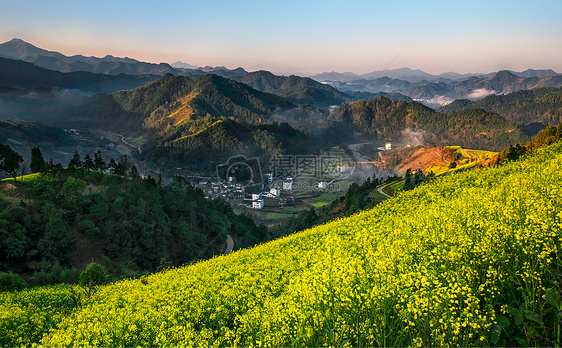 开满油菜花的山中村落图片