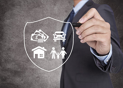 绘制屏蔽保护家庭、 房子、 车子、 金钱的商人图片素材