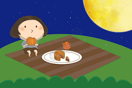 中秋吃月饼插画图片