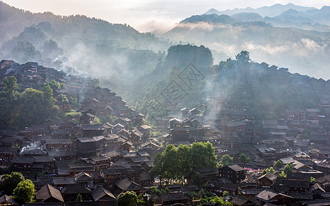 西江苗寨晨烟背景图片