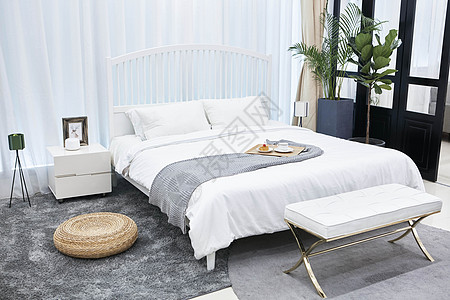 卧室场景图竹纤维白床单高清图片