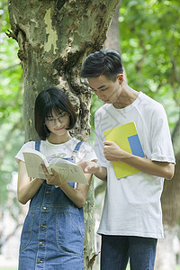 学校林荫道上男女同学下课一起学习看书图片