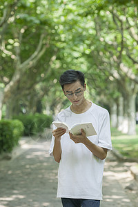 学校林荫道上男同学下课学习看书图片