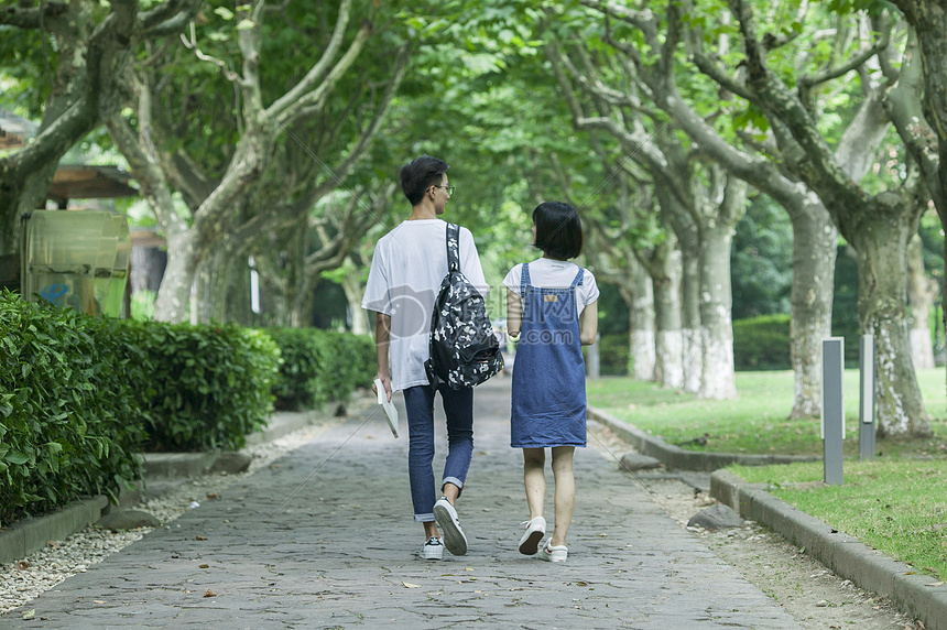 学校林荫道上男女同学下课一起交流图片