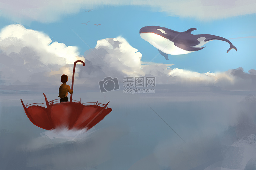 云端上的鲸鱼插画图片