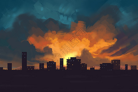 城市唯美火烧云城市插画插画