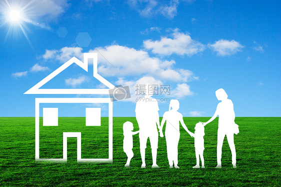 家人与草地上的房子图片