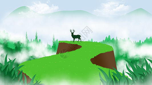 迷雾山林中的鹿背景图片