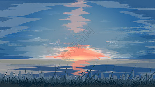 手绘夕阳下的天空图片